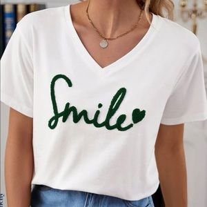 New White and green smile v-neck Tshirt